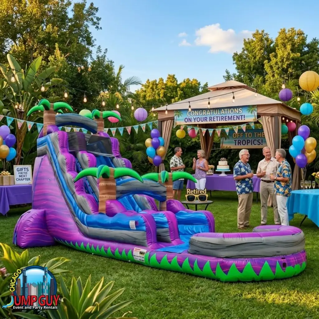 20 foot Purple Crush water slide rental Highland Park IL backyard birthday near Rosewood Beach 60035