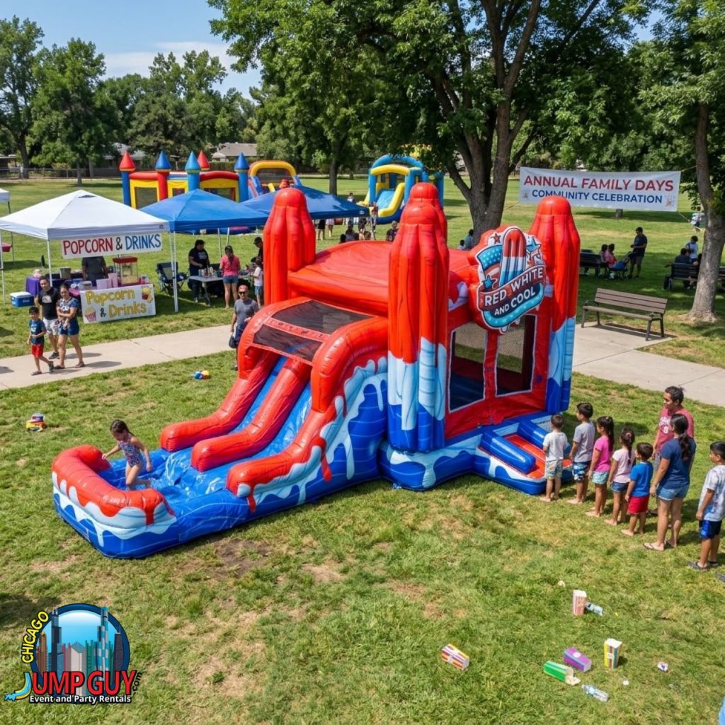 Red white and cool bounce slide combo rental Highland Park IL Fourth of July party near Port Clinton Area 60035