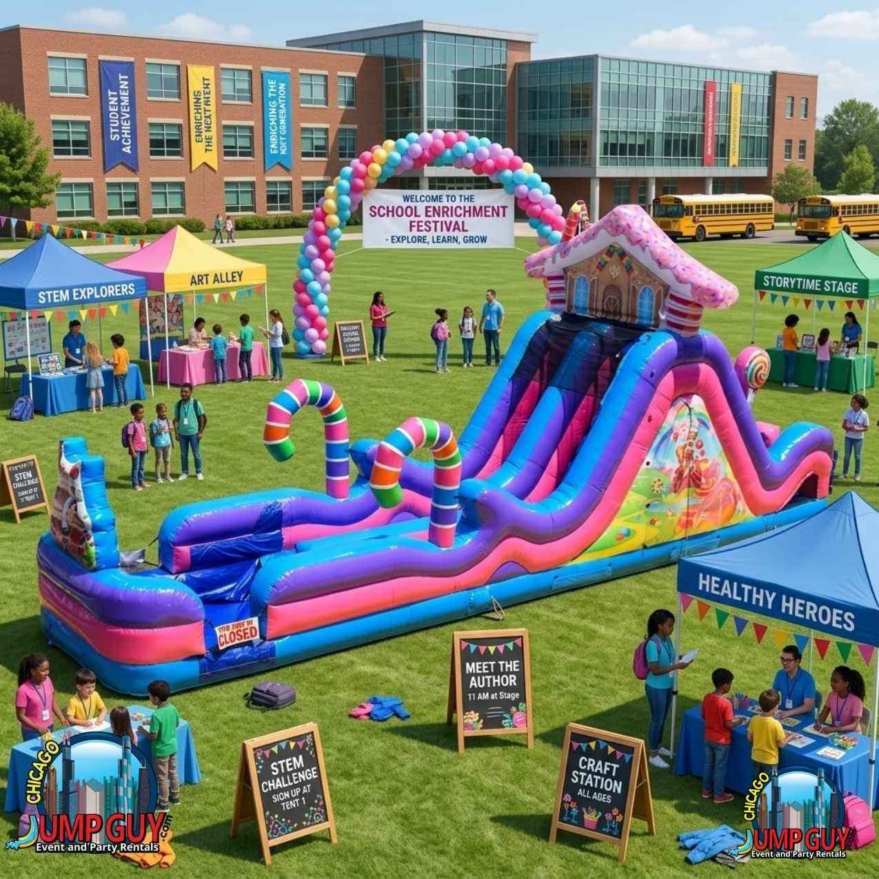 Candyland rock climb obstacle slide wet rental Highland Park IL summer adventure event 60035