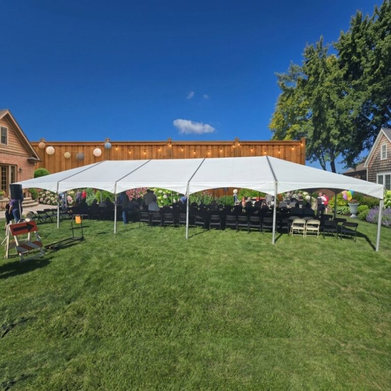 Large-format estate event tent setup Highland Park IL outdoor wedding reception near Rosewood Beach 60035