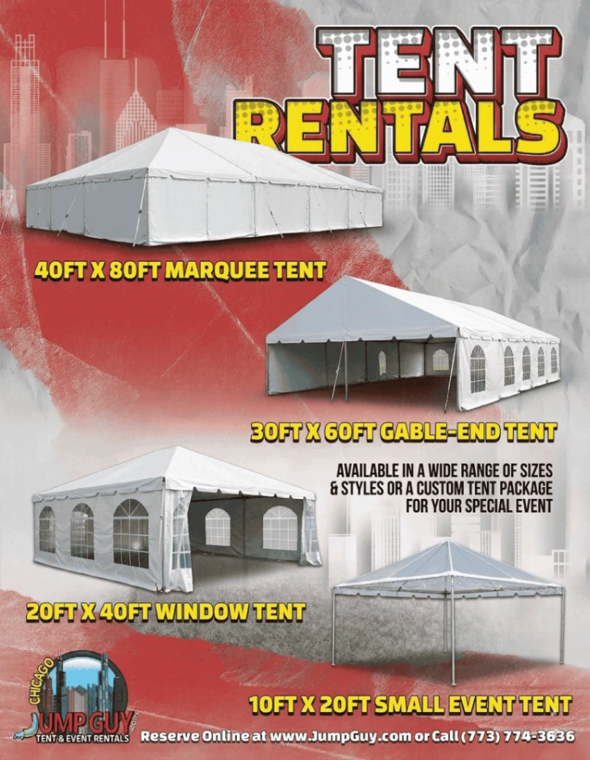 Tent rentals Highland Park IL hero banner showing 40x80 marquee installation at North Shore estate event 60035